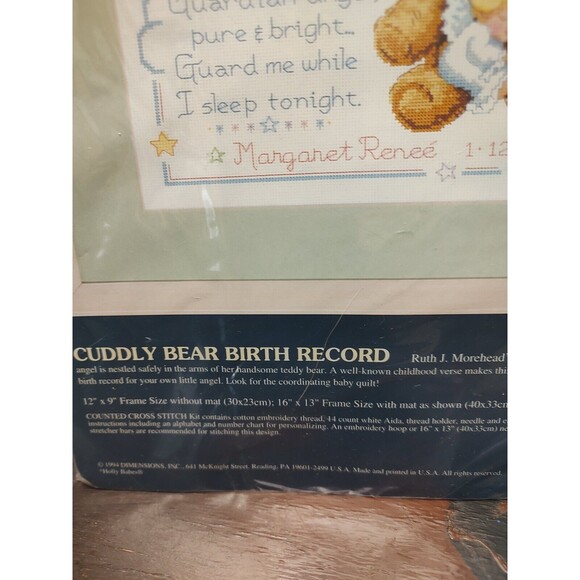 Dimensions Sunset Counted Cross Stitch Kit Cuddly Bear Birth Record  13591 Vtg - Picture 6 of 10